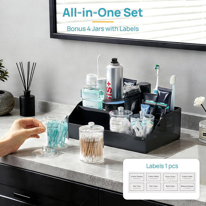 Vtopmart 6 PCS Bathroom Countertop Organizer, 1 Divided Tray with 4 Qtip Holder Jars and 1 Drawers, Restroom Clear Organizers for Toothbrush, Cotton Pads, Vanity Accessories Storage Set