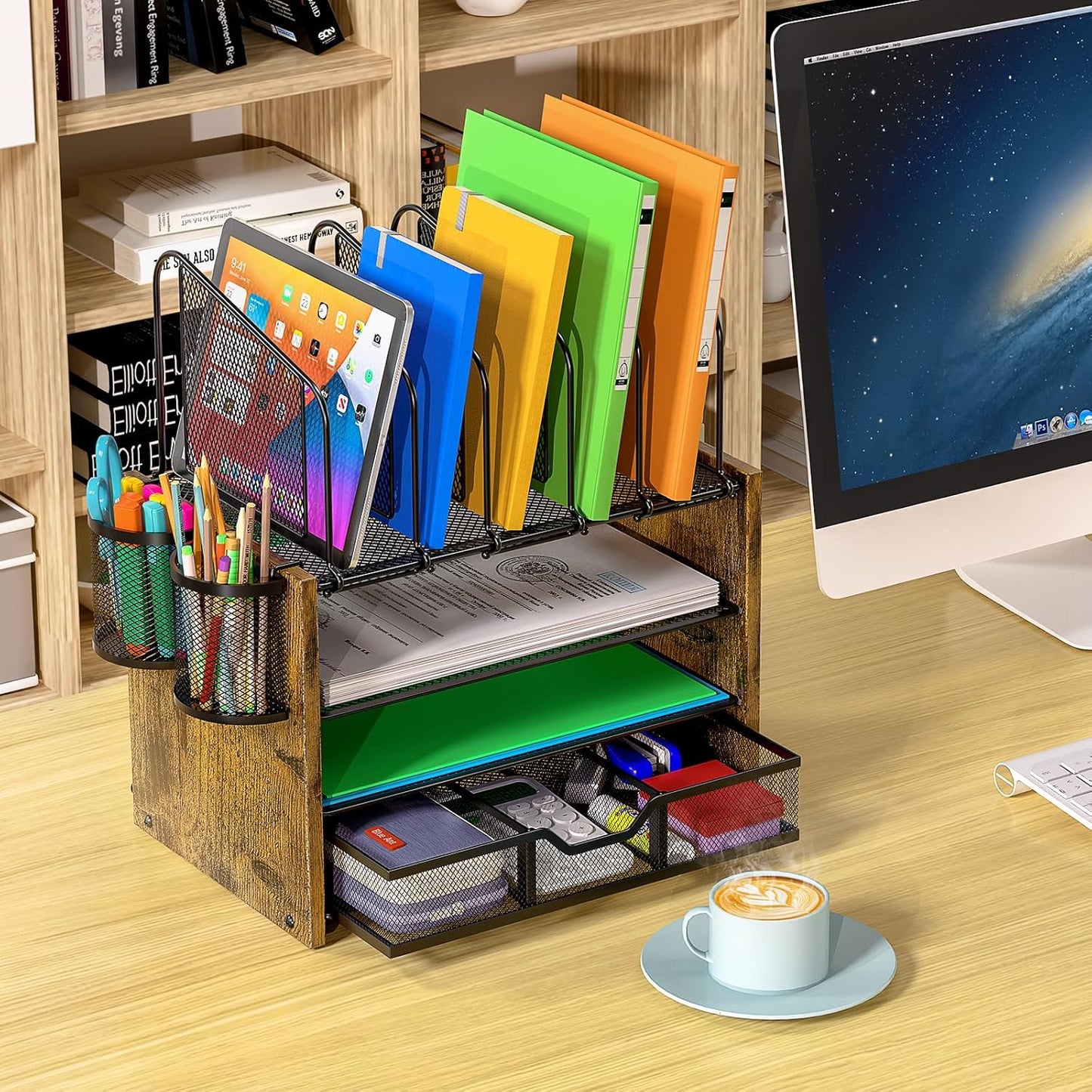 4-Tier Desk Organizer, Desk File Organizer with 5 Vertical File Holders, Office Desktop Organizer with 3 Level Paper Organizer Letter Tray, Wooden Desk Organizers and Accessories for Home Office
