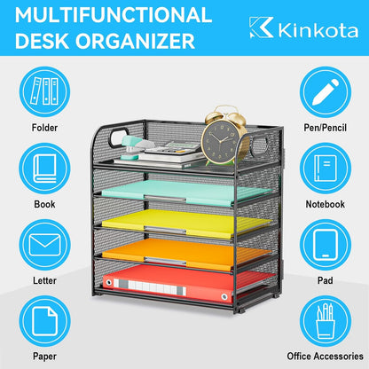 Paper Organizer Letter Tray with Handle, 5-Tier Black Stackable Desk Organizer with Metal Mesh, Sturdy Paper Tray for Office Desk, Home & Classroom Supplies Storage