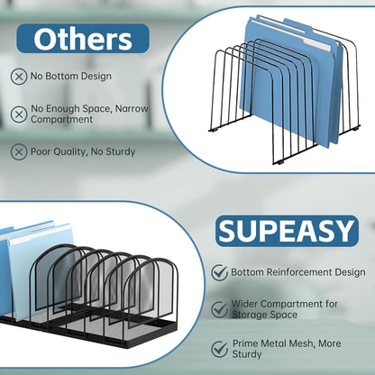 SUPEASY File Organizer for Desk, 5-Section Mesh Desk Organizer, Vertical File Holder Desktop Organizer File Sorter, File Folder Holder for Office Supplies, Black