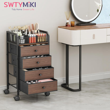 SWTYMIKI Rolling Makeup Organizer Cart - Under Desk Vanity Makeup Storage with 3 Non-woven Drawers, Nail Cart Organizer Cosmetic Display Cases Cabinet for Skin Care Perfume Nail Polish Brush Hair Tool