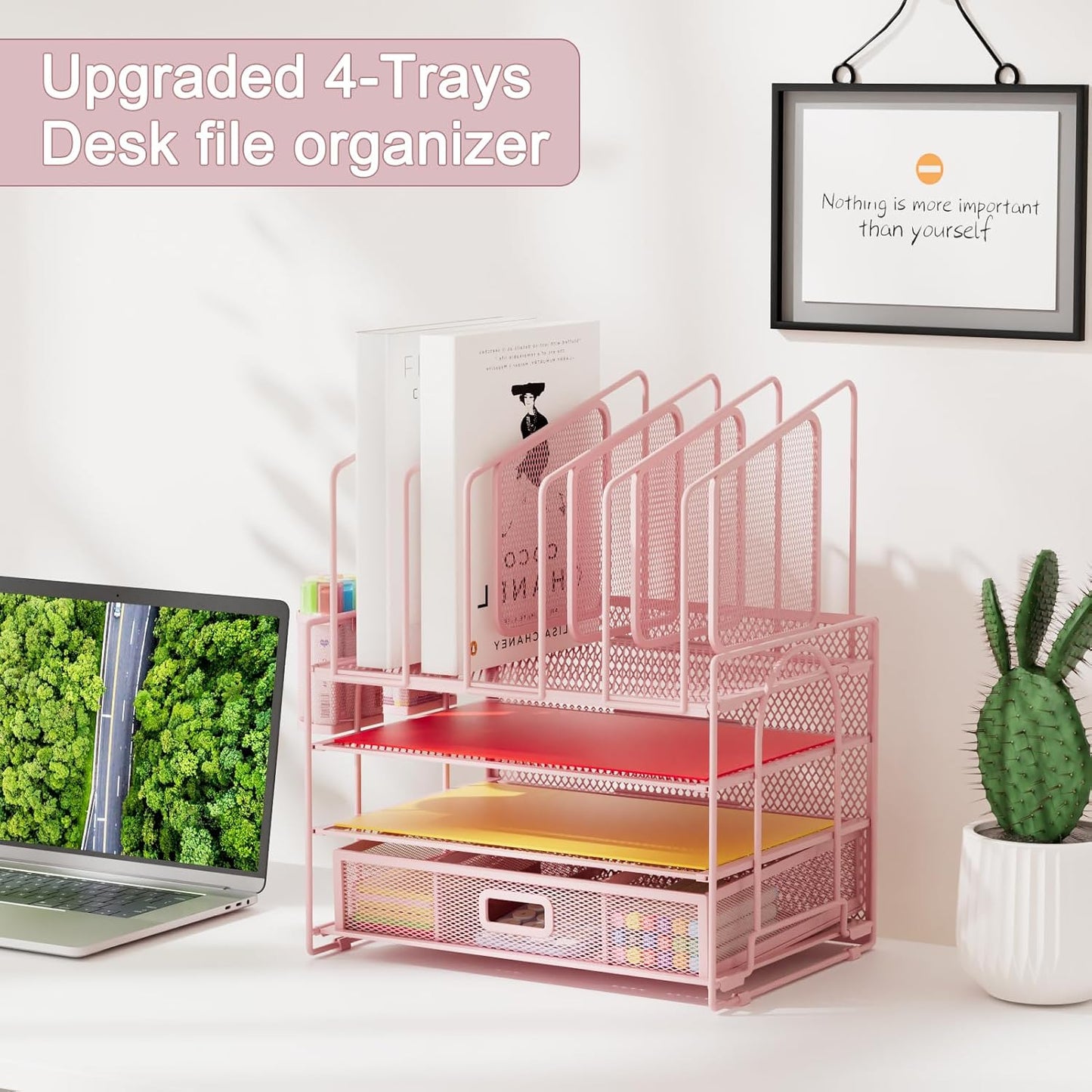 Marbrasse Desk Organizer with Drawer, 4-Tier Mesh File Organizer with 5 Vertical File Holders and 2 Pen Holders, Multifunction Desktop Organizer,Desk Organizers and Accessories for Home Office