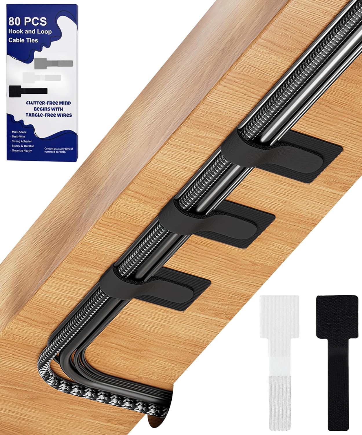 80PCS Hook and Loop Cable Ties, Under Desk Cable Management, Adhesive Cable Straps, Cord Management Hider Idea, Cord Organizer for Desk, Computer Accessories, Home Office Organization, Black+White