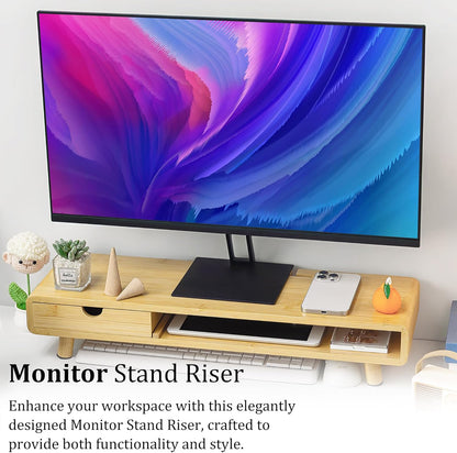 Homerays Monitor Stand with Drawer, Exquisite Computer Monitor Stand for Desk, Ergonomic Wood Monitor Stand Riser for Computer,Laptop,Printer,TV,Bamboo,White