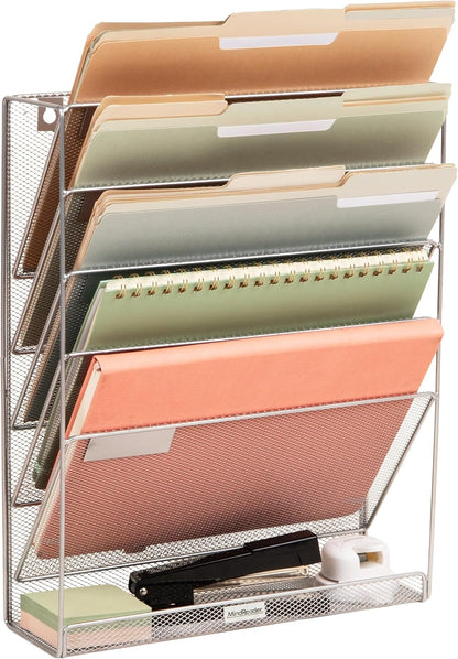Mind Reader 5-Pocket Vertical File Storage, Desktop Organizer, Wall Mount, Office, Metal Mesh, Pink