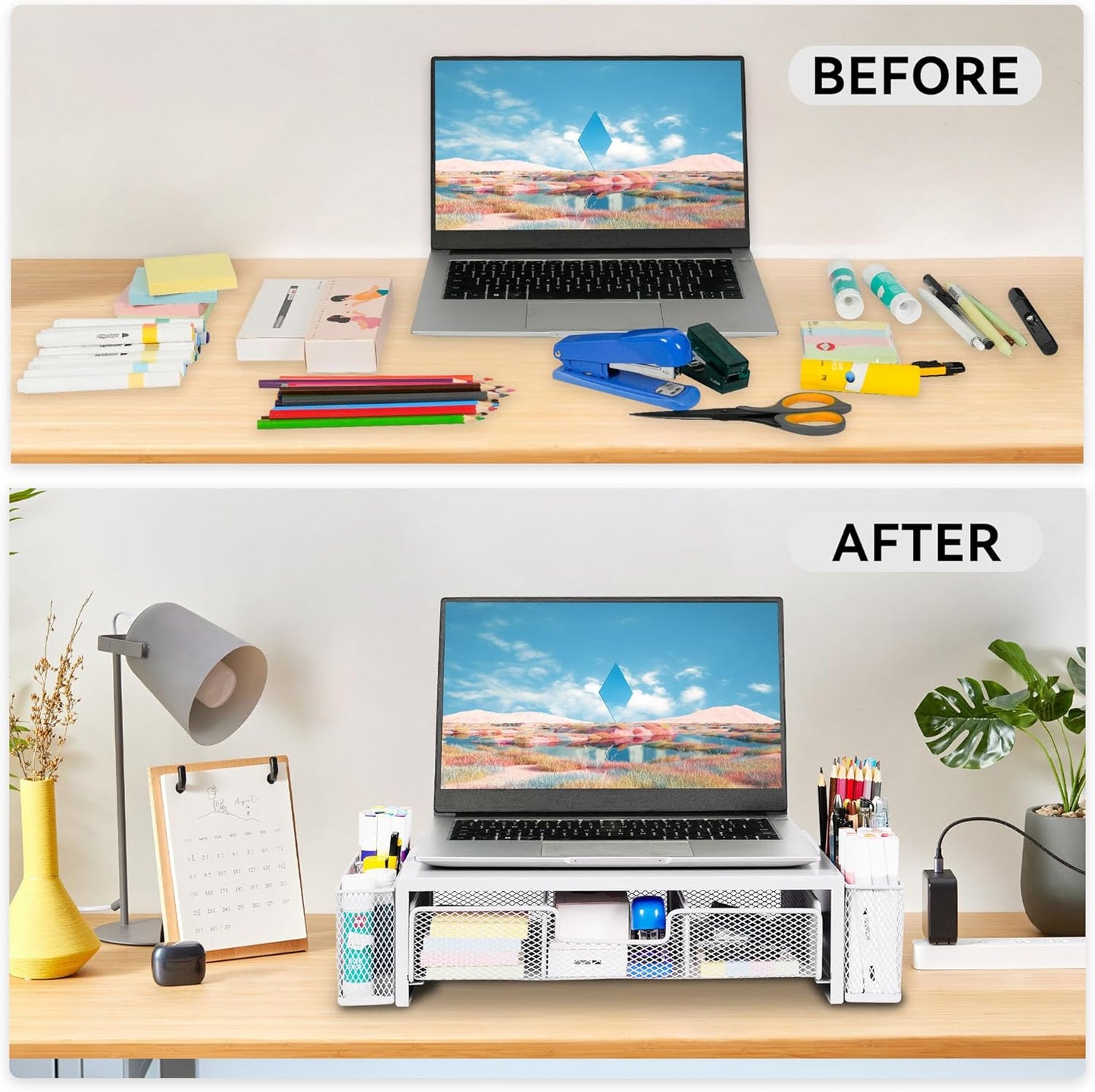 Qupui Computer Monitor Stand Riser with Drawer and Pen Holders, Desk Organizer Shelf and Accessories, Office Desk Accessories, Office Organization, Black
