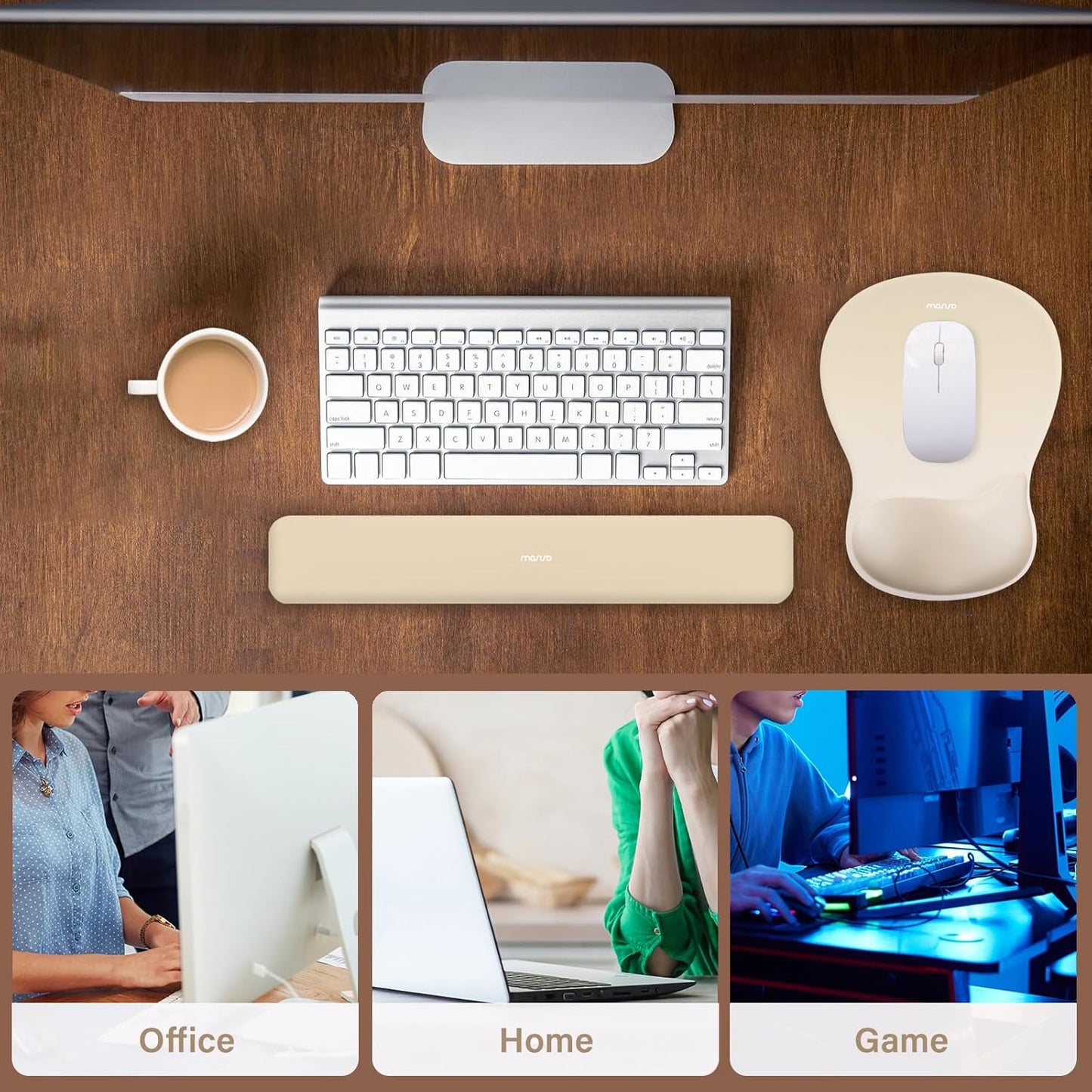 MOSISO Wrist Rest Support for Mouse Pad&Keyboard Set, Ergonomic Mousepad with Concave Curved Memory Foam, Non-Slip Base Pain Relief Comfortable Rectangular Easy Typing Pad for Home/Office, Brown
