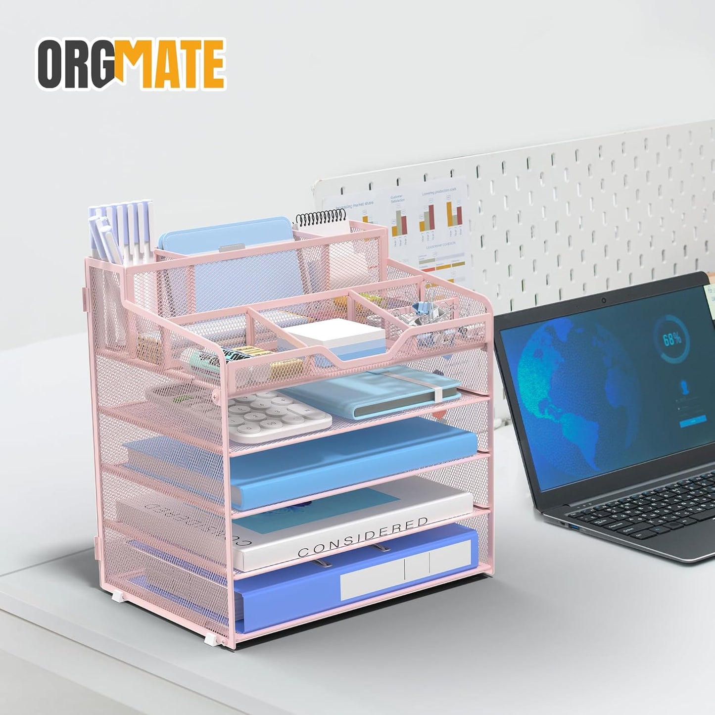 5 Tier Mesh Desk Organizer,Multi Functional Letter Paper Tray with 3 Pen Holders and 5 Adjustable Storage Compartments for Office Supplies Files and Mail Space Saving Desktop Organizer-Black
