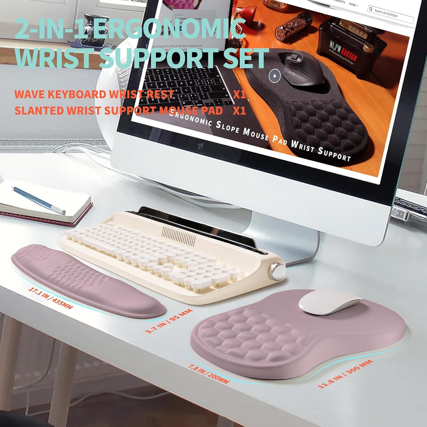 2-in-1 Ergonomic Set, Wave Rise Keyboard Wrist Rest and Massage Bulge Slope Mouse Pad Wrist Support, Cushion Memory Foam Integrated to Relieve Wrist Pain, Black