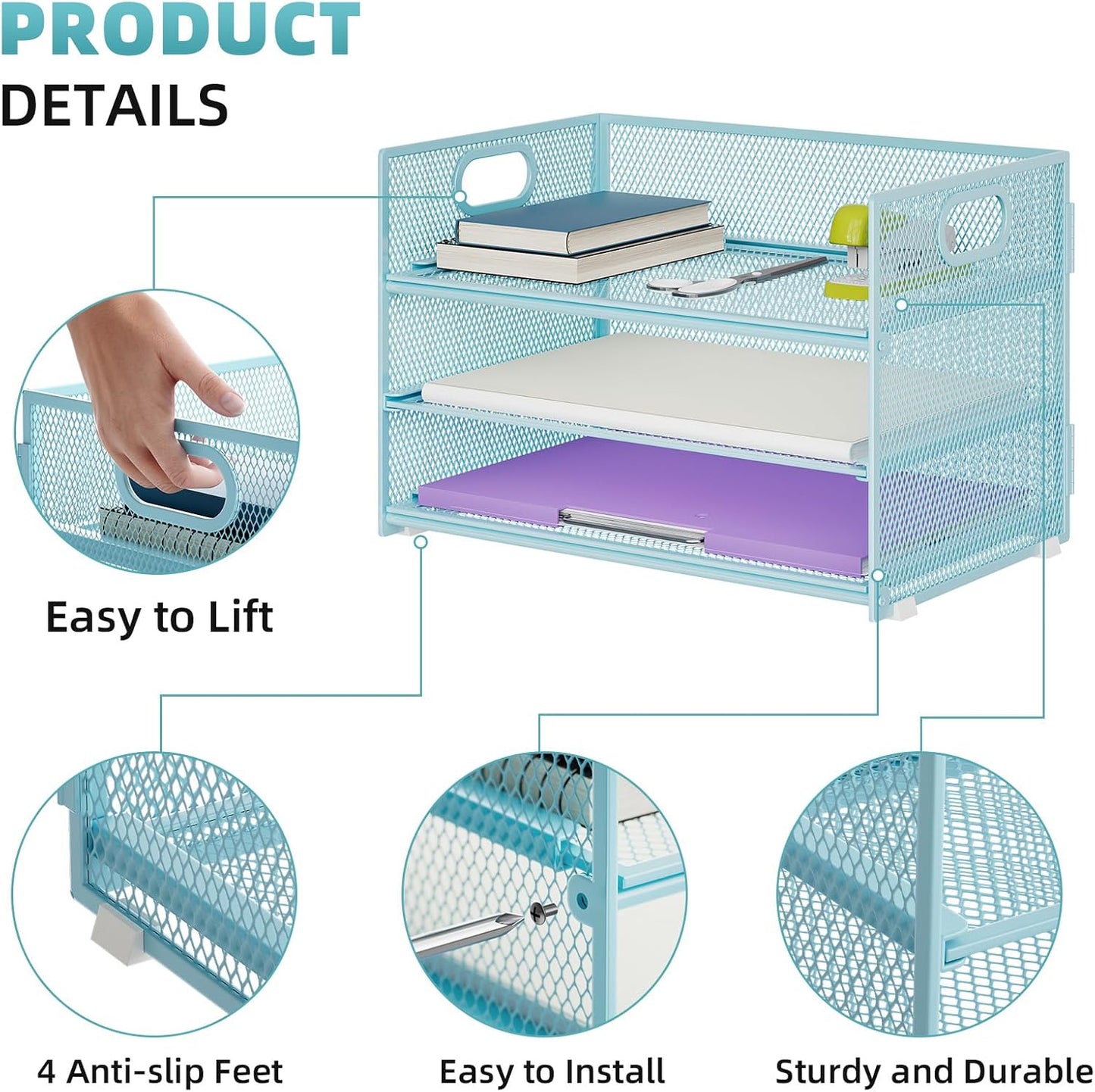 Marbrasse 3 Tier Paper Organizer Letter Tray, Mesh File Organizer with Handle, Paper Sorter Desk Organizer for Home Office Supplies