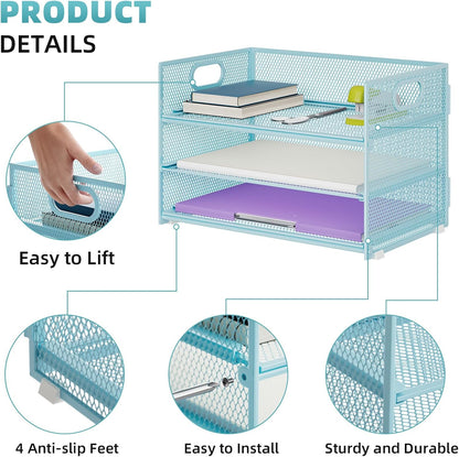 Marbrasse 3 Tier Paper Organizer Letter Tray, Mesh File Organizer with Handle, Paper Sorter Desk Organizer for Home Office Supplies