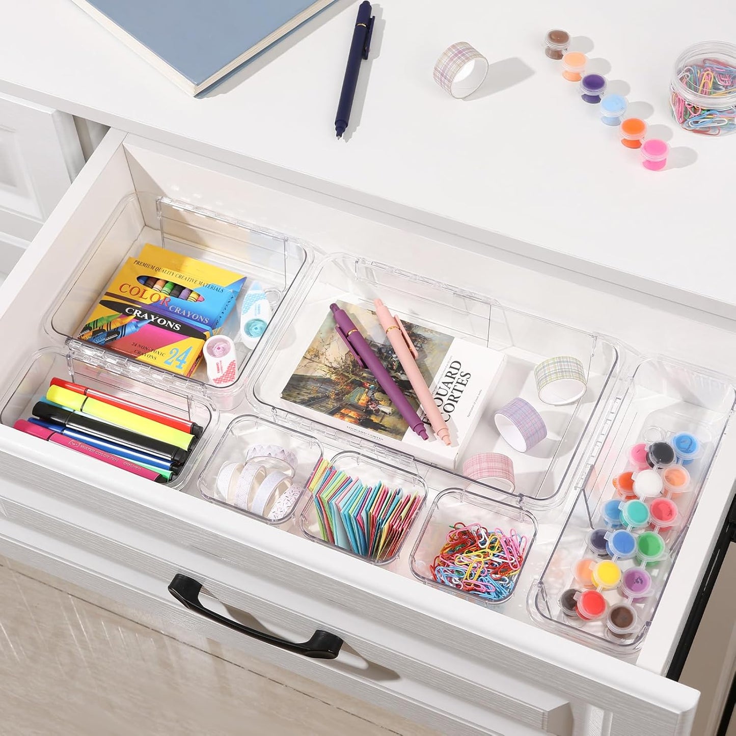 14 Pcs Adjustable Clear Drawer Organizer, Extendable Vanity Storage Bins, Desk Drawer Organizer Set for Makeup, Cosmetics, Bedroom, and Gadgets, Purple
