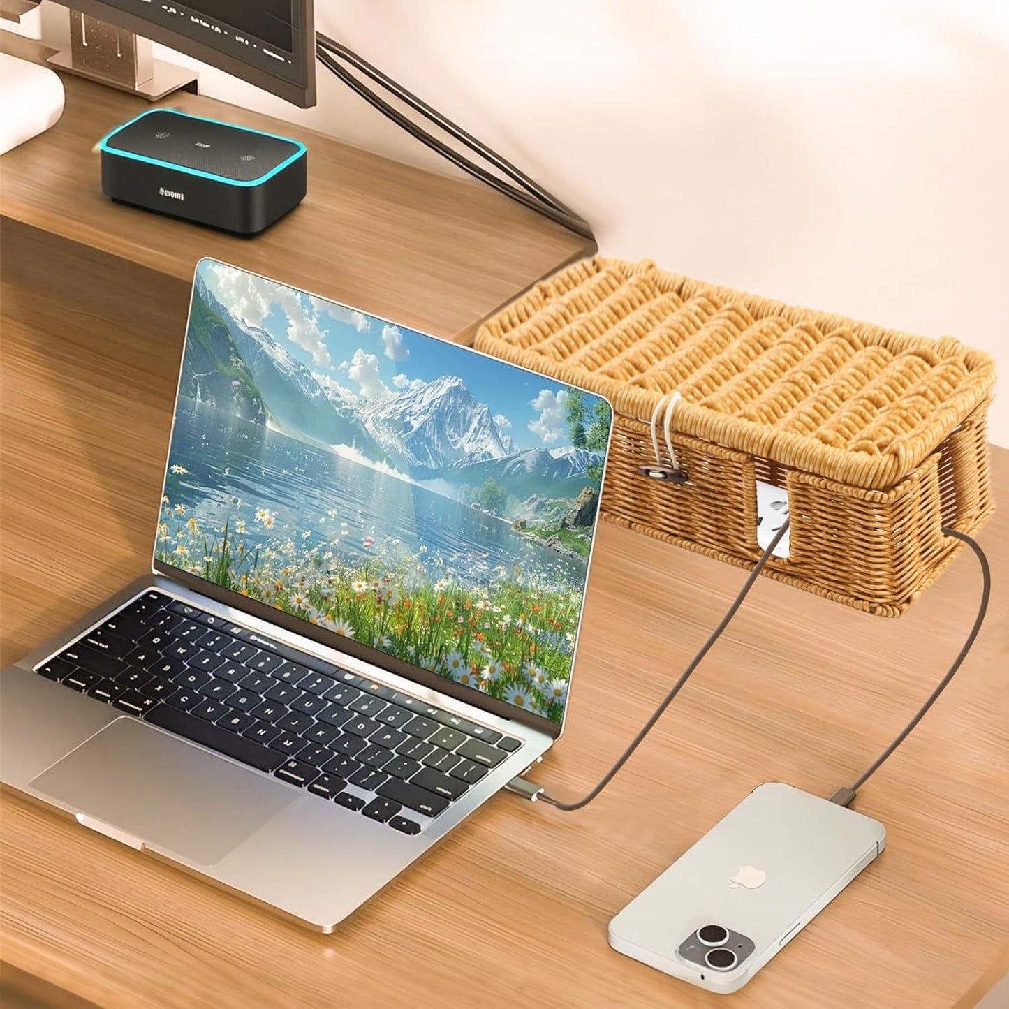 Cable Management Box - 2 Pack Cord Hider Organizer Boxs - Small & Medium Szie Power Cover Cord Box, Handwoven Rattan Cable Organizer for TV Computer USB Hub Power Strips & Cords