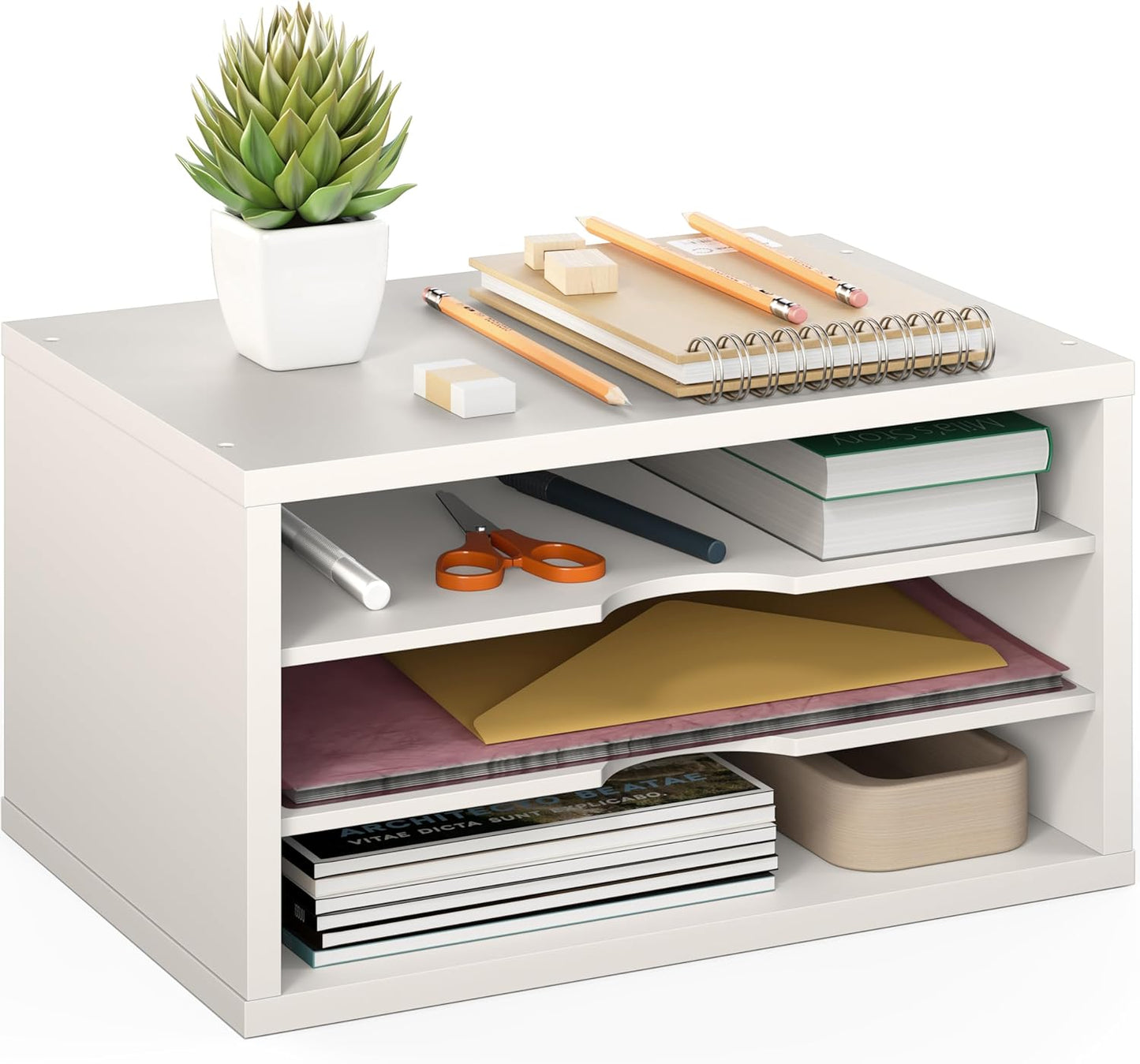 Ballucci File Organizer, 2-Tier Document Paper Sorter, Stackable Wood Desk Organizer Mail Holder, Monitor Stand with Storage Shelves, White