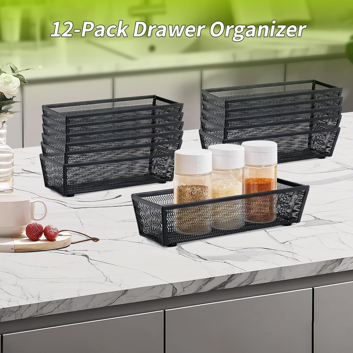 Neudeco Drawer Organizer Set 6 Pack - 5-Compartment Silverware Organizer Tray + 5 Utensil Trays, Kitchen Drawer Organizer for Flatware, Cutlery, Office Supplies, Black Mesh, Non-Slip.