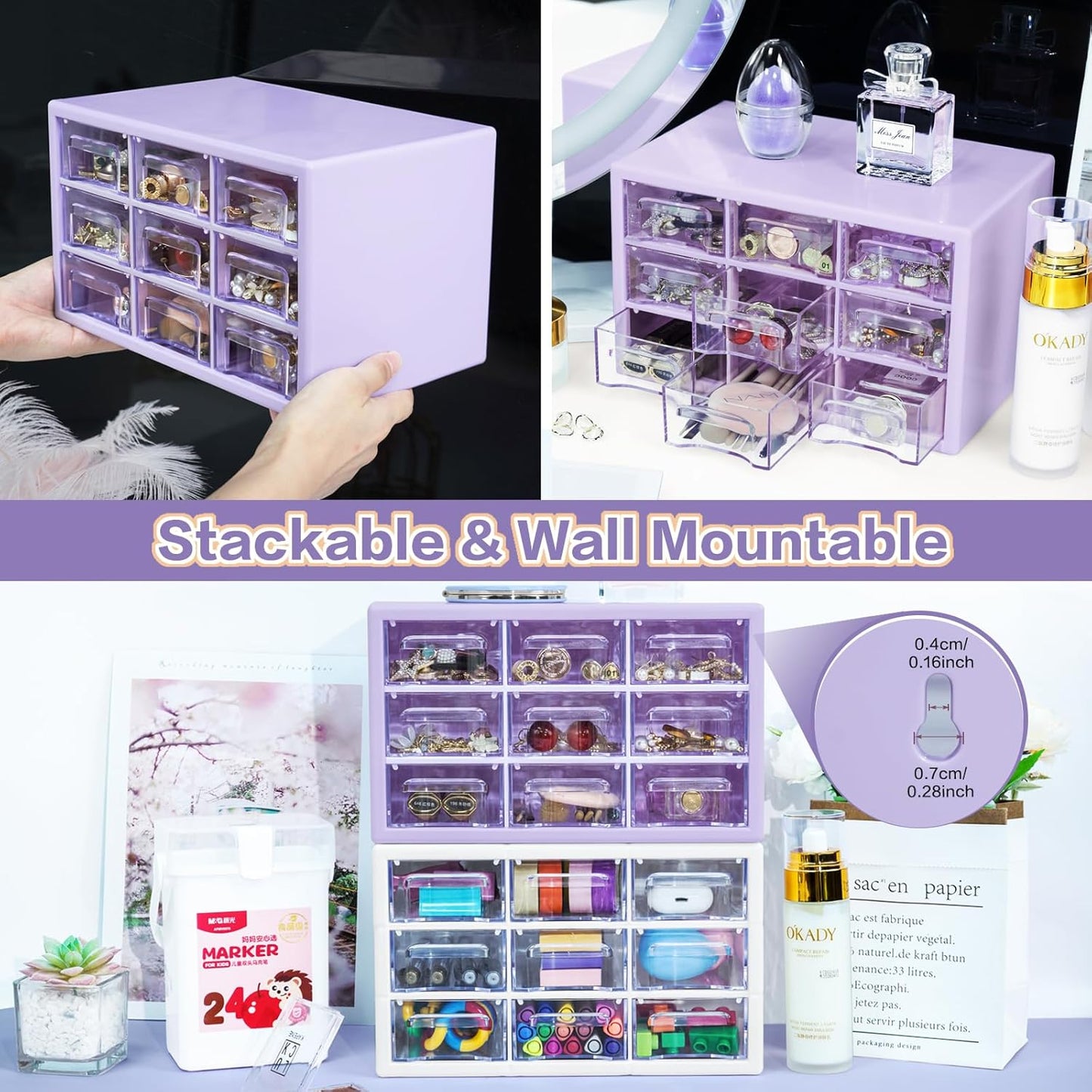 Desk Storage Organizer with 9 Drawers, MYKASEN Clear Plastic Storage Cabinet, Stackable Desk Storage Box for Makeup Office Craft Hardware Art Supplies, 9.8x6.3x5.9inch(White)