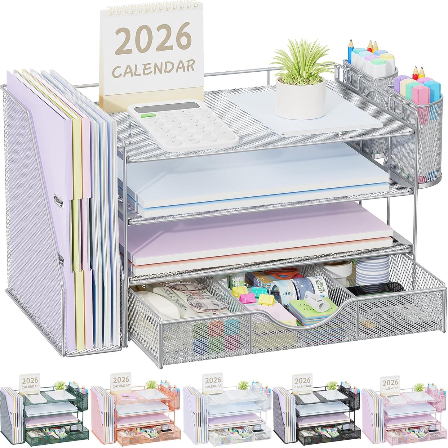 gianotter Desk Organizers and Accessories with File Holder, 4-Tier Desk Accessories & Workspace Organizers with Drawer and 2 Pen Holder, Paper Organizer for Office Supplies (Rose Gold)
