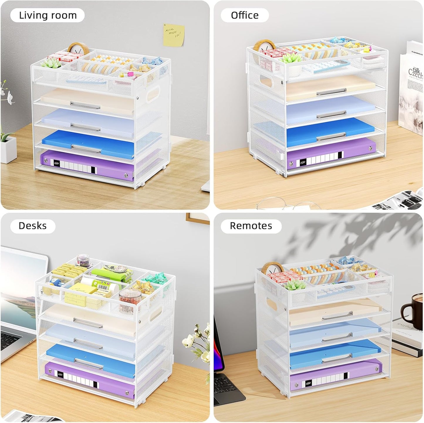Marbrasse 5-Tier Letter Tray Paper Organizer with Handle, Multi-Functional Mesh File Organizer for Desk, Adjustable Compartments Mesh Desktop Storage for Office Supplies,Black