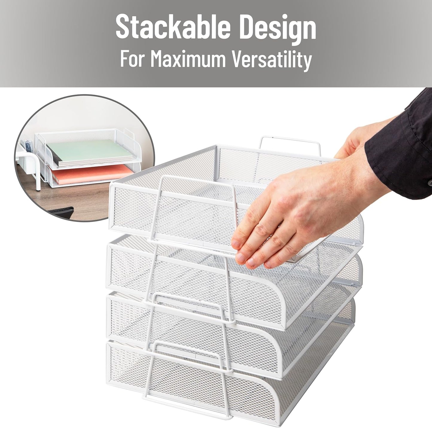 Mind Reader Stackable Paper Tray, Desktop Organizer, File Storage, Office, Metal Mesh, 4 Pcs., Black