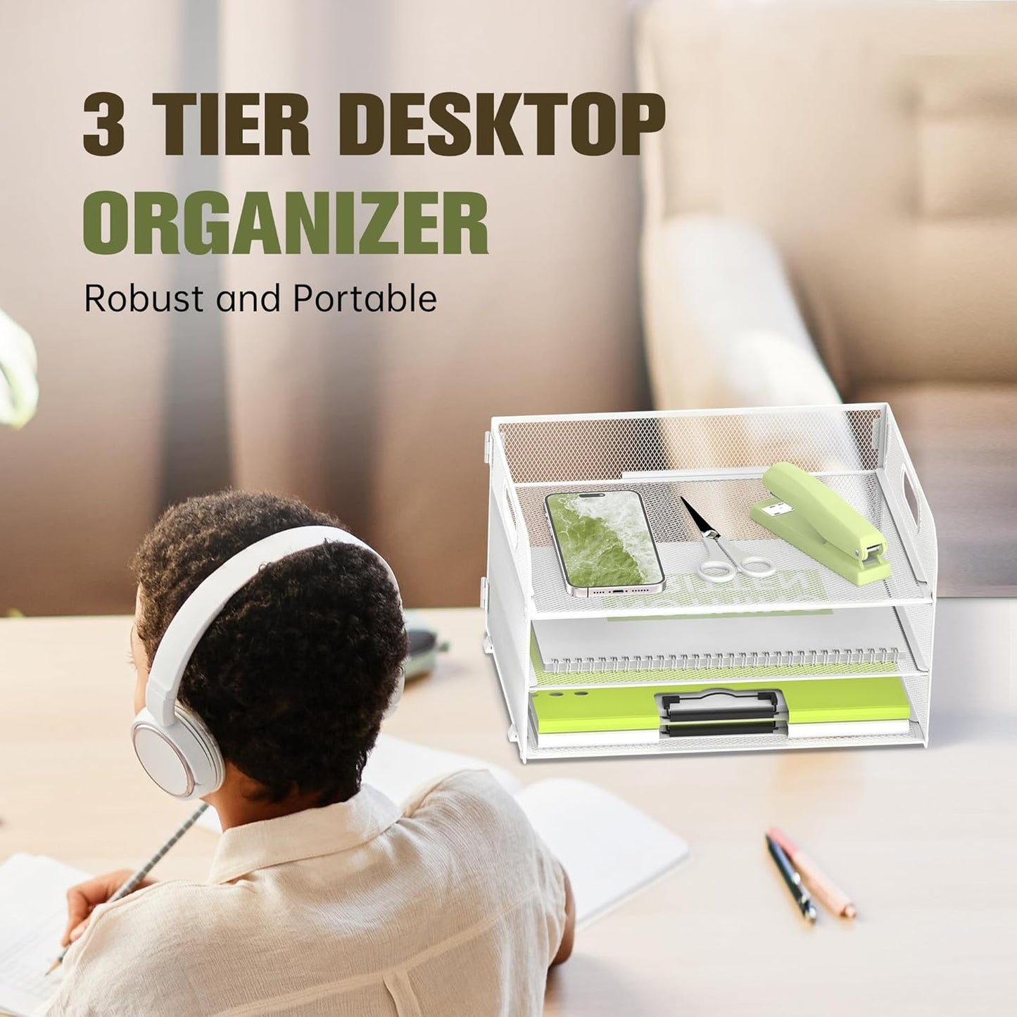 DALTACK 3 Tier Paper Organizer with Handle, Mesh Metal Desk Organizer with Sliding Paper Trays for Letter/A4 Paper, Mail, Bills & Folders, Black