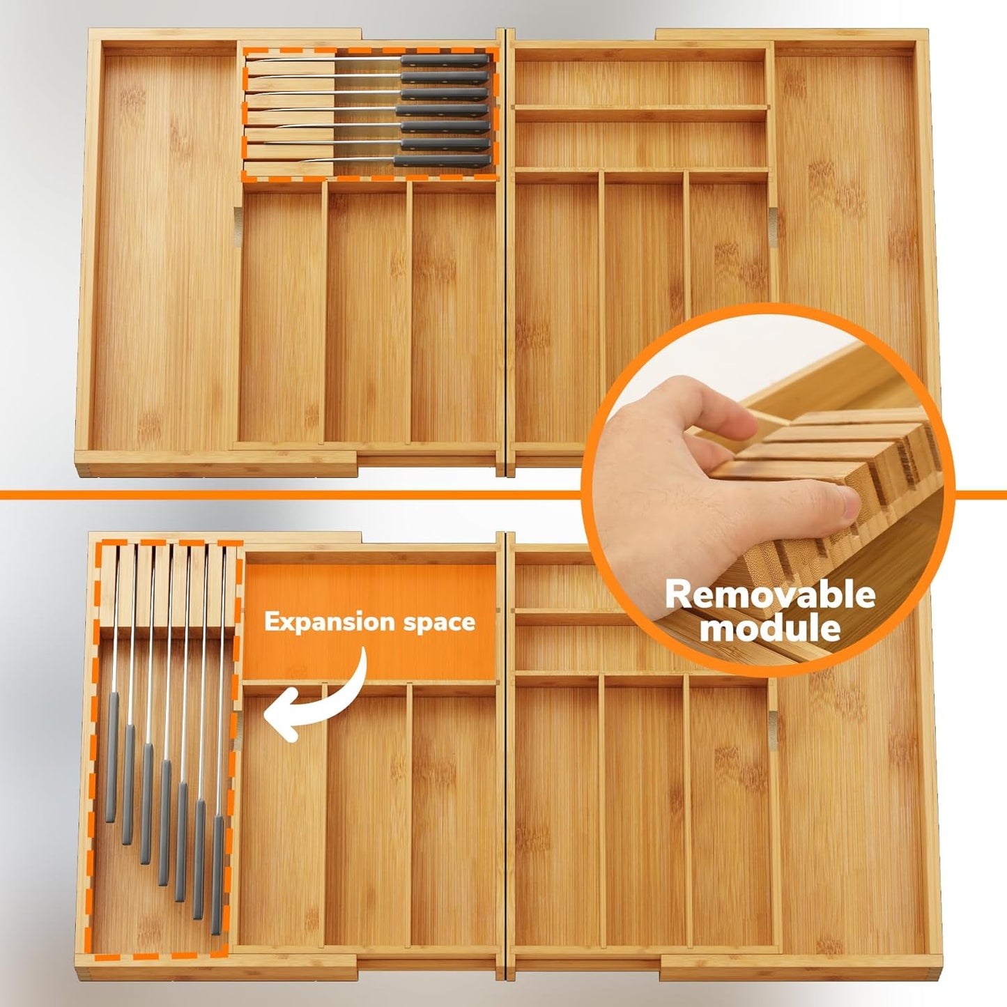 BAMEOS drawer organizer flatware organizer cutlery tray silverware organizer expandable adjustable bamboo drawer organizer kitchen bathroom