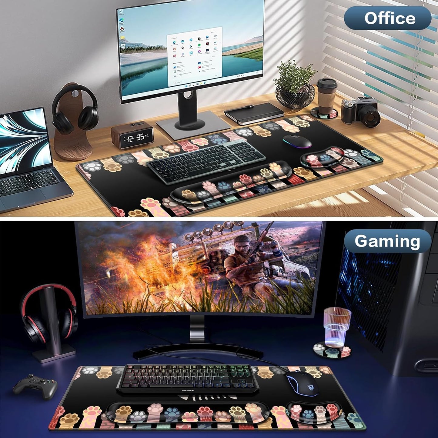 Desk Mat, Large Gaming Mouse Pad with Wrist Rest, 4in1 XXL Mousepad+Keyboard Wrist Rest+Mouse Pad Wrist Support+Cup Coaster Set Ergonomic Floral Computer Desk Arm Wrist for Decor Home Office Women