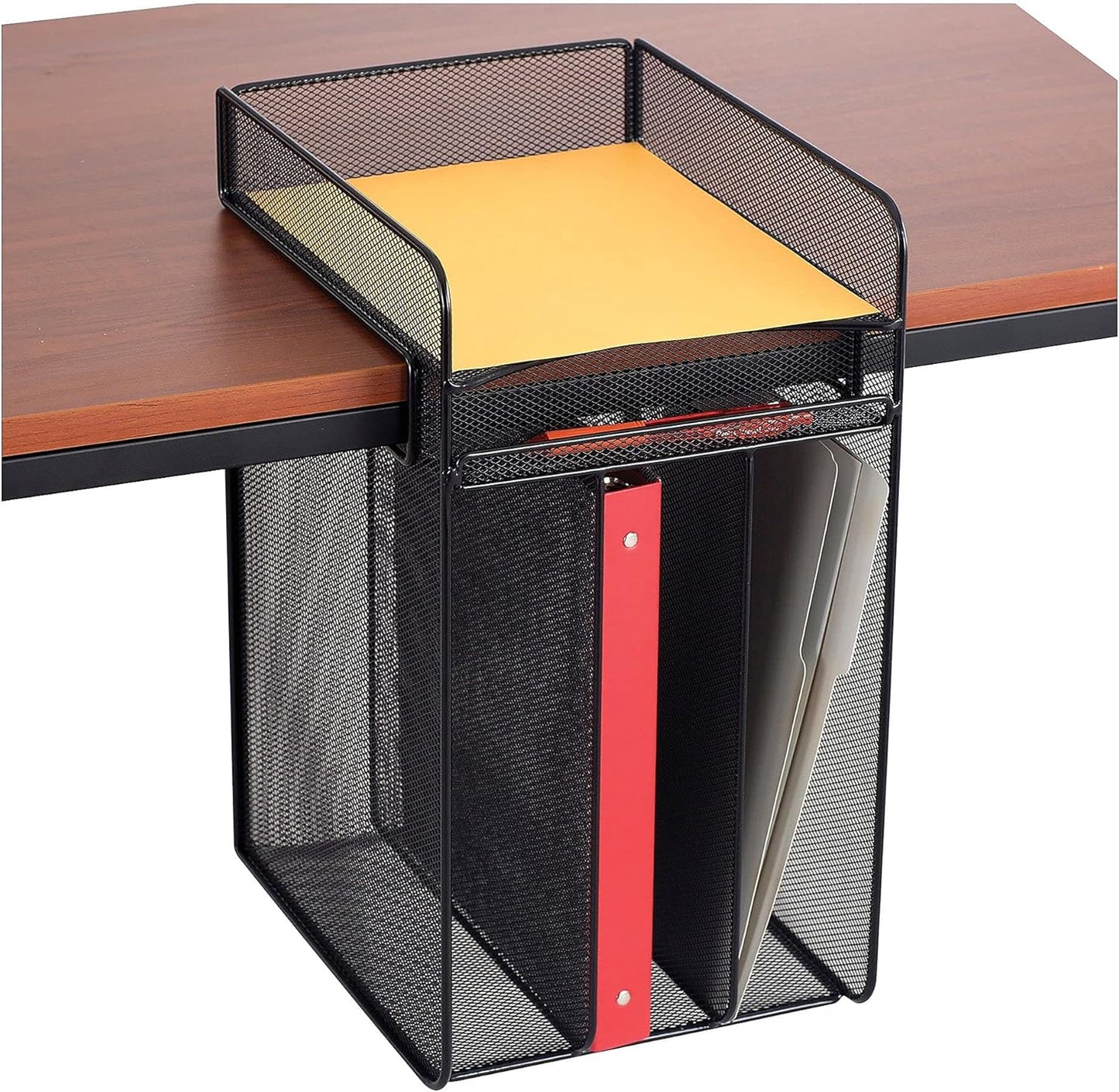 Safco Onyx Hanging Under Desk Organizer, 4 Trays, Office and Classroom Mailbox , Paper and Mail Sorter, Steel Mesh, Black