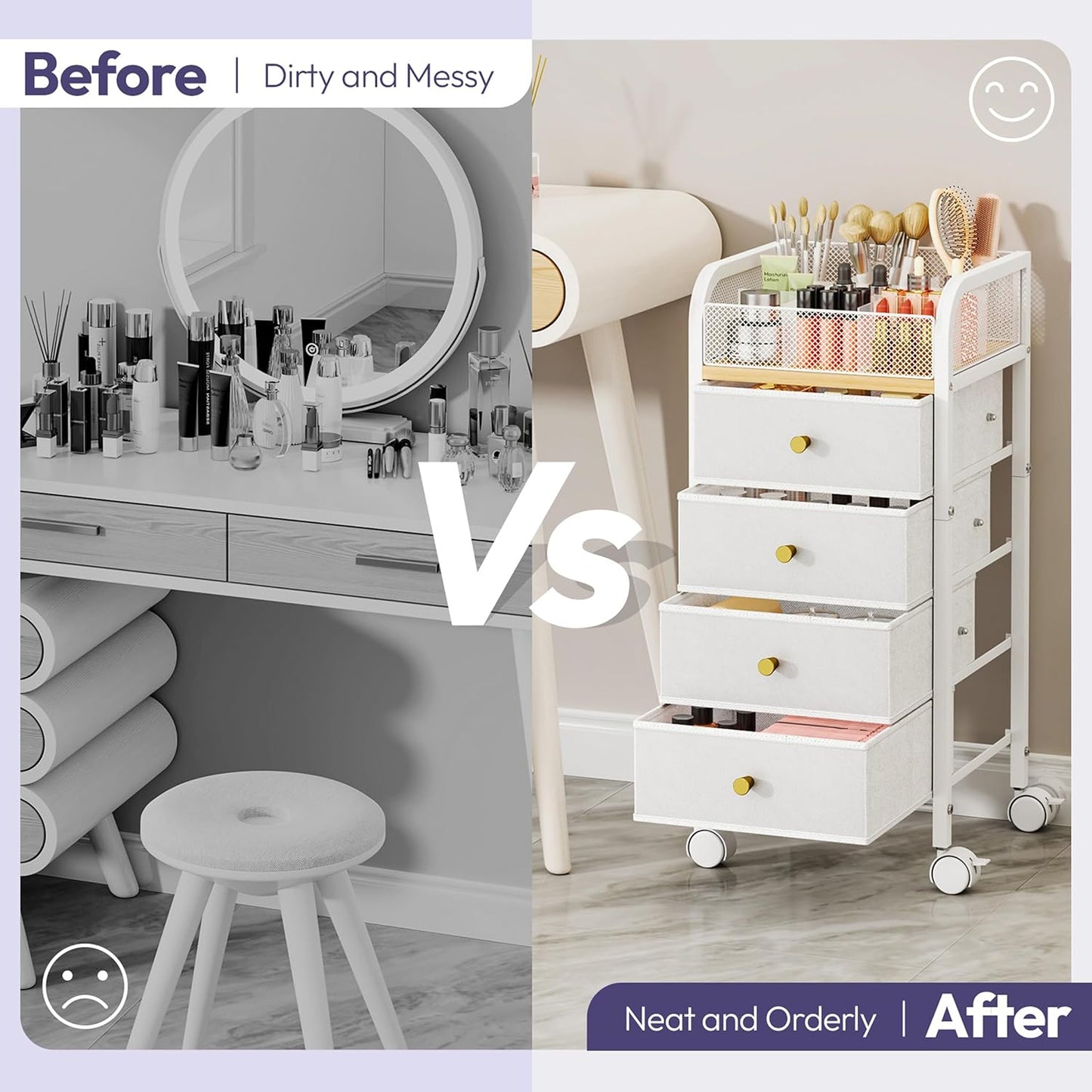 SWTYMIKI Rolling Makeup Organizer Cart - Under Desk Vanity Makeup Storage with 3 Non-woven Drawers, Nail Cart Organizer Cosmetic Display Cases Cabinet for Skin Care Perfume Nail Polish Brush Hair Tool