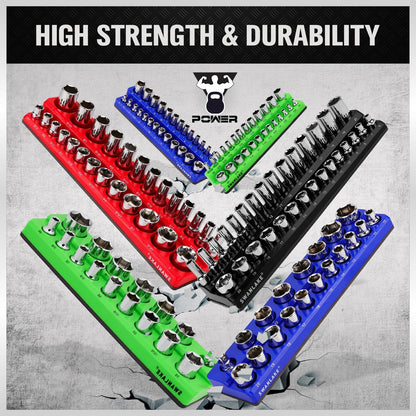 Magnetic Socket Organizer Set, 6PCS Socket Holder, 1/4", 3/8", 1/2" Sockets Holds 143 Pieces Magnetic Sockets Trays (Blue&red, 6 Pcs)