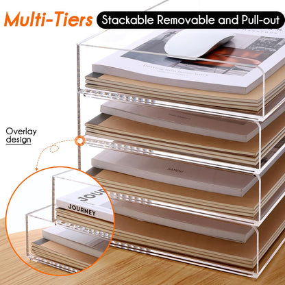 HeZone Paper Organizer, 2 Tier Stackable A4 Size Acrylic Letter Tray, Office/Home/School Organization - Clear