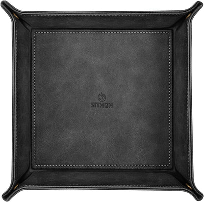 SITHON Valet Tray Desktop Storage Organizer – Premium PU Leather Catchall Bedside Vanity Tray Nightstand Caddy Holder for Keys, Phone, Wallet, Coin, Valentine's Day Gift, Brown