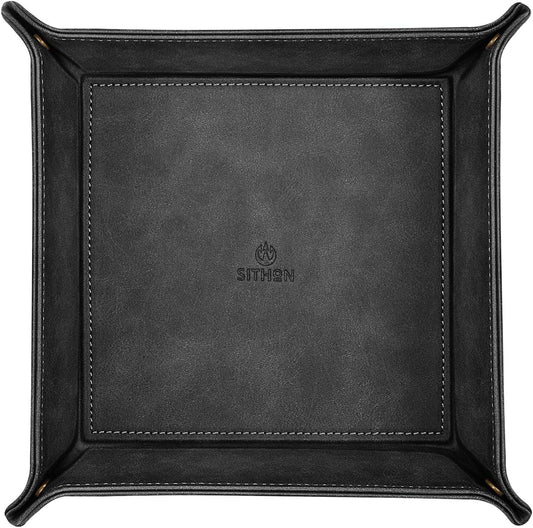 SITHON Valet Tray Desktop Storage Organizer – Premium PU Leather Catchall Bedside Vanity Tray Nightstand Caddy Holder for Keys, Phone, Wallet, Coin, Valentine's Day Gift, Brown