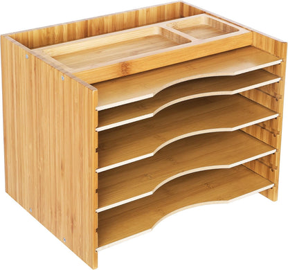 SONGMICS Bamboo File Organizer Paper Sorter with 5 Adjustable Shelves Top Storage Compartments Natural UOFS44Y