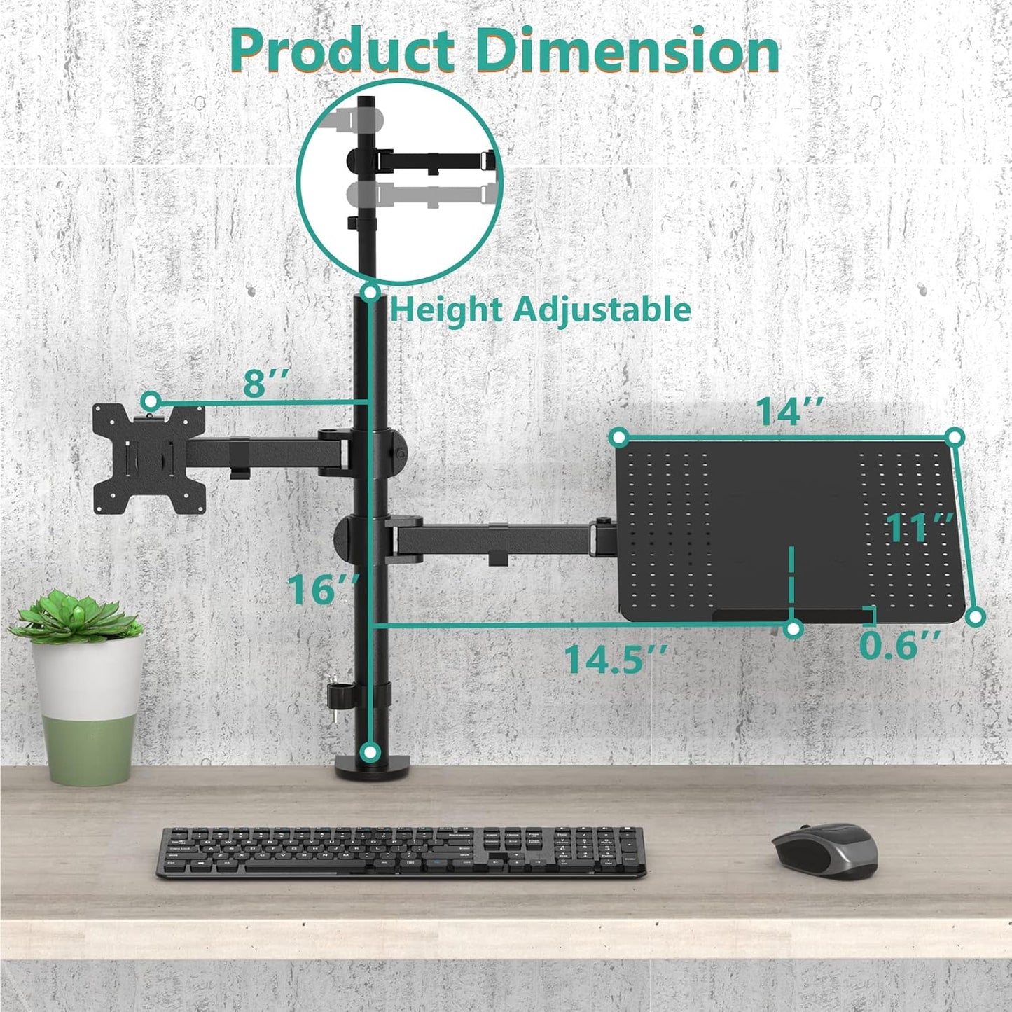 WALI Single Arm Laptop and Monitor Desk Mount for 17" Notebook and Up to 32" Screen, 2-in-1 Adjustable Monitor Arm with Laptop Tray, VESA 75x75 100x100,Holds 22-26.4 lbs, Black (GSMP001NLP)