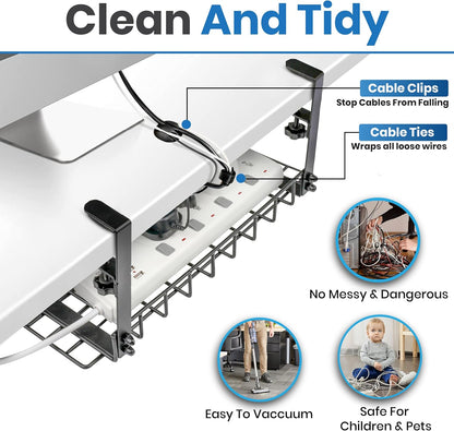Under Desk Cable Management Tray, 16” No Drill Cord Organizer with Clamps for Wire Management, 4mm Sturdy Wire Desk Cable Organizer Tray, Cable Management Rack for Office