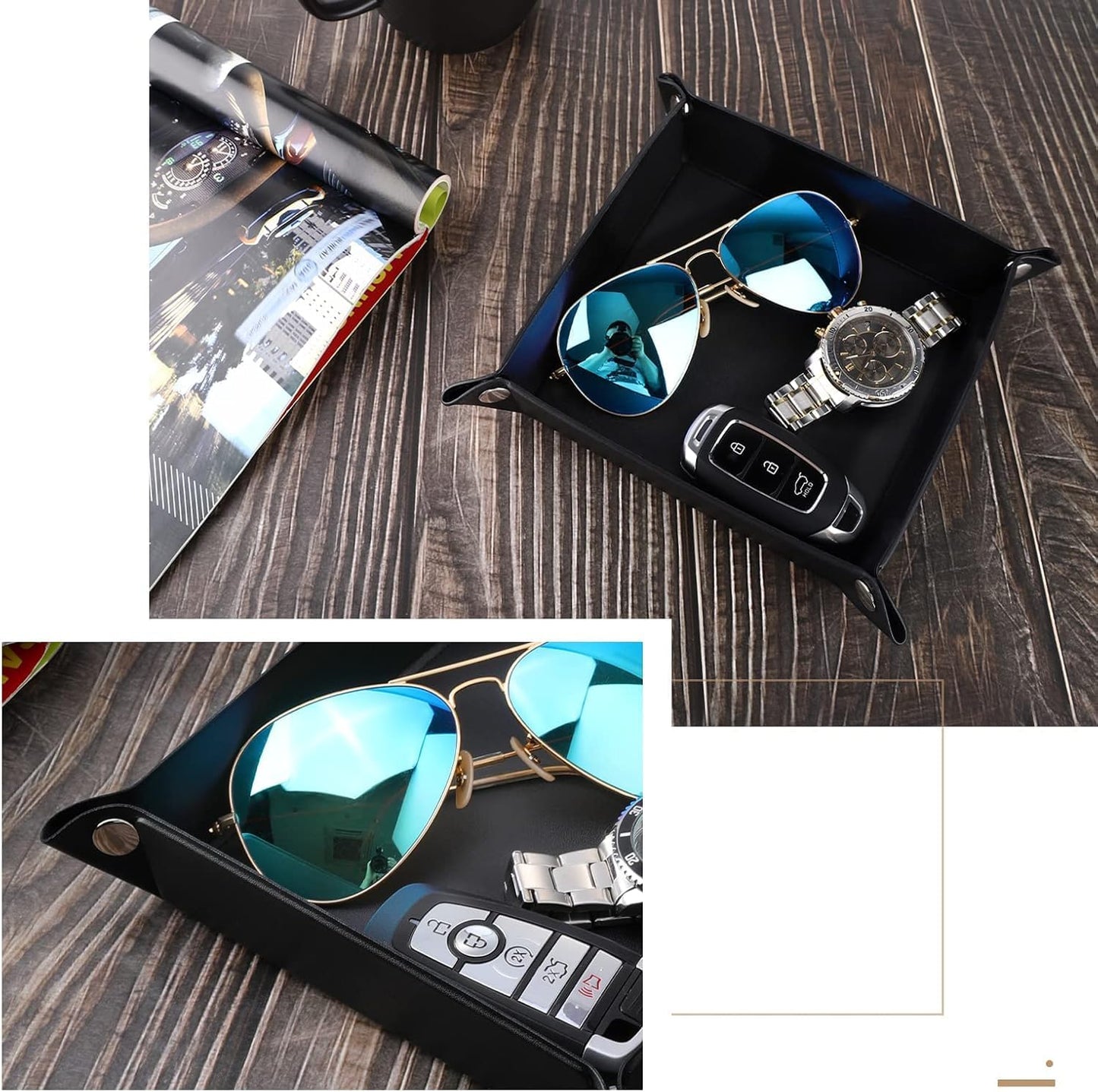 Luxspire Valet tray, PU Leather Tray, Catchall Tray, Men Women Jewelry Key Tray, Desk Storage Plate for Key Coin Phone Jewelry Wallet, Medium Size - Black