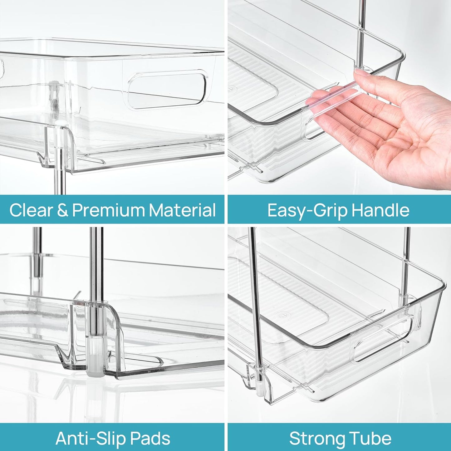 Vtopmart 4 Pack Bathroom Organizer, 2 Tier Clear Under Sink Organizers Vanity Countertop Storage Container,Cabinet Drawers Bins, Pull-Out Organization with Track for Pantry, Kitchen