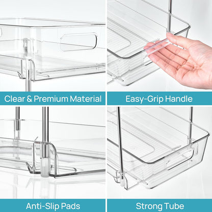 Vtopmart 4 Pack Bathroom Organizer, 2 Tier Clear Under Sink Organizers Vanity Countertop Storage Container,Cabinet Drawers Bins, Pull-Out Organization with Track for Pantry, Kitchen
