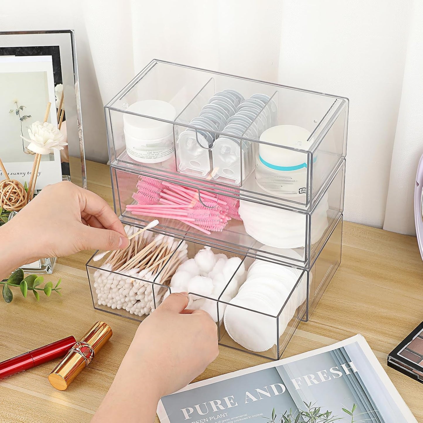Hipiwe Acrylic Storage Drawers 3-Tier Stackable Bathroom Makeup Organizer Cotton Swabs Qtip Holder for Vanity Cosmetics Clear Desktop Organizer with Removable Dividers, 8.1"Lx 3.9"Wx7.8"H