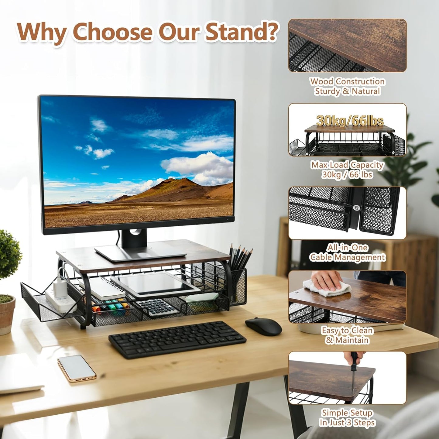 Desk Organizers and Accessories Monitor Riser, Monitor Stand with Drawer (2-Tier Drawers) with Large Side Storage Rack & Cable Management,66LBS/30KG, Office Organization, Walnut Brown