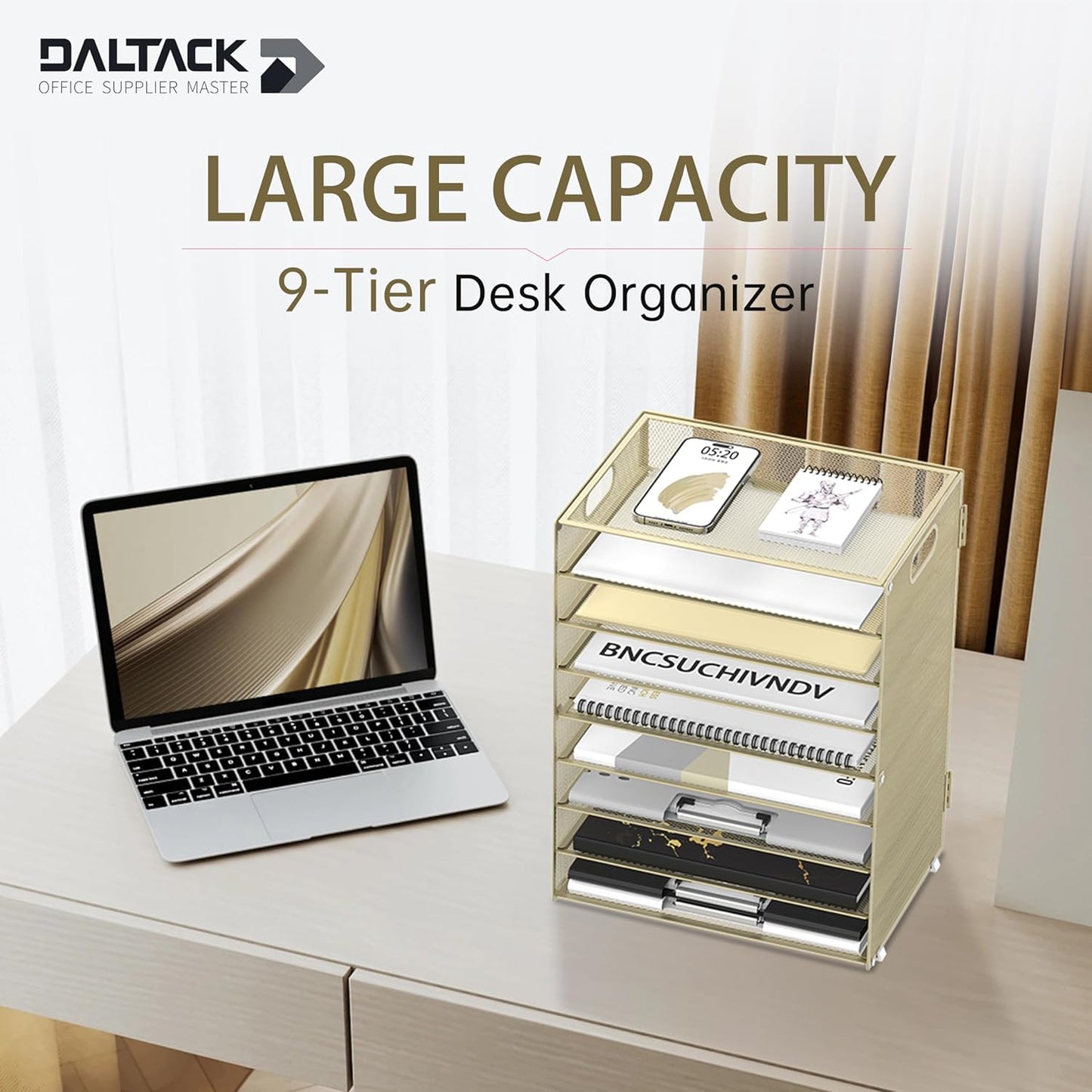 DALTACK 9-Tier Paper Organizer for Desk, Mesh Letter Tray Desk Organizer with Handles, Space-Saving File Organizer for Office Home School Classroom, Black
