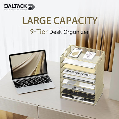 DALTACK 9-Tier Paper Organizer for Desk, Mesh Letter Tray Desk Organizer with Handles, Space-Saving File Organizer for Office Home School Classroom, Black