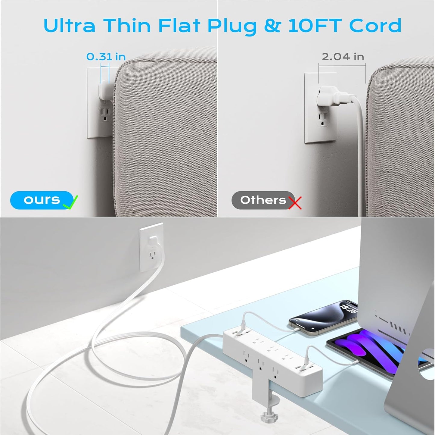 Flat Plug Desk Clamp Power Strip 10FT, 40W Total Fast Charging Station, Dual PD 20W USB C Ports, Desk Edge Mount Power Strip 9 AC Outlets 8 USB Ports(4 USB C) Surge Protector, Fit 1.7" Tabletop Edge