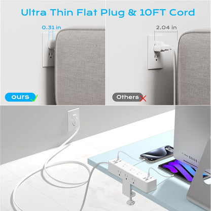 Flat Plug Desk Clamp Power Strip 10FT, 40W Total Fast Charging Station, Dual PD 20W USB C Ports, Desk Edge Mount Power Strip 9 AC Outlets 8 USB Ports(4 USB C) Surge Protector, Fit 1.7" Tabletop Edge