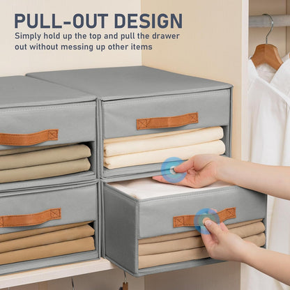 DIMJ Closet Organizers and Storage - Fabric Bins with Drawers for Closet Foldable Clothes Organizers with Clear Window, Stackable Storage Drawers Units for Bedroom, Living Room, 4-Pack, Grey
