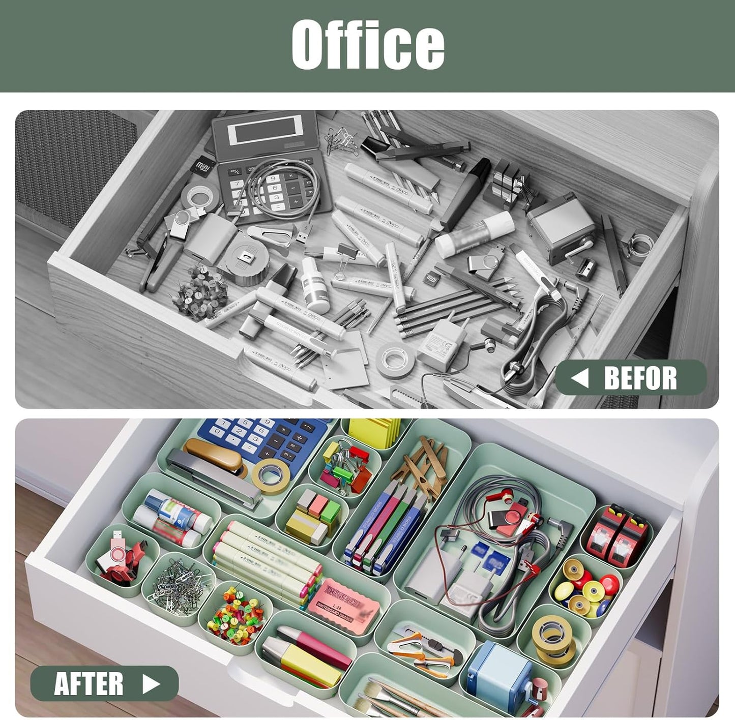 Plastic Drawer Organizers, 10 PCS Drawer Organizer Bins, Bathroom and Vanity Organizer Plastic Tray, Makeup organizer and storage for Makeup, Bedroom, Kitchen Gadgets Utensils and Office (Green)