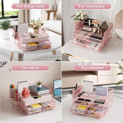 Marbrasse 3 Tier Mesh Desk Organizer with Drawer, Multi-Functional Desk Organizers and Accessories, Paper Letter Organizer with 2 Pen Holder for Home Office Supplies (Black)