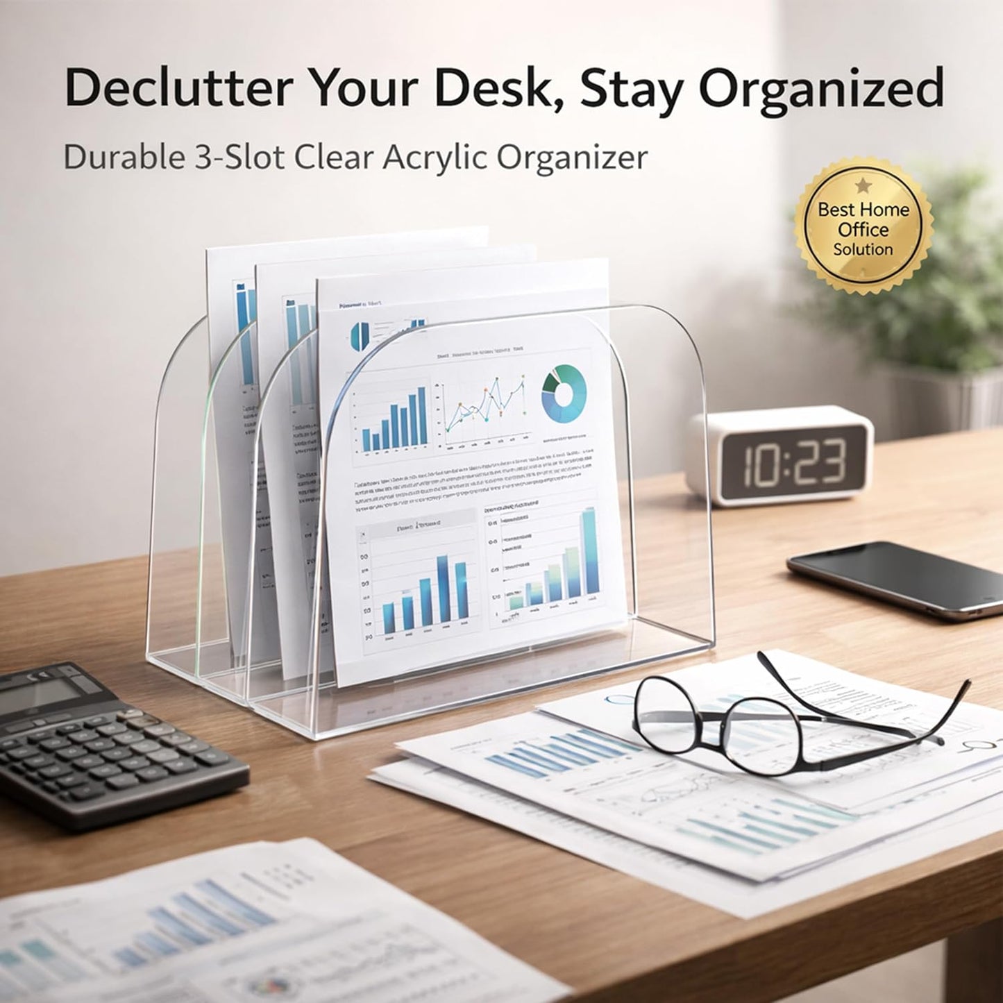 Acrylic File Organizer for Desk, German-Standard Cast PMMA, Polished Edges, Heat-Bent Design—Clear & Stable for Long-Term Use: Home Office, Students, Family Files, Mail & Makeup