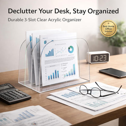 Acrylic File Organizer for Desk, German-Standard Cast PMMA, Polished Edges, Heat-Bent Design—Clear & Stable for Long-Term Use: Home Office, Students, Family Files, Mail & Makeup