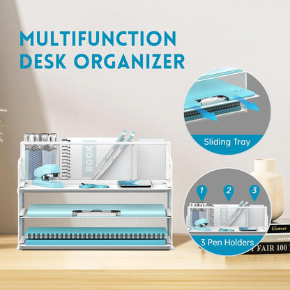 3 Tier Desk File Organizer with Pen Holder, Mesh Paper Tray File Organizer for Desk, Fold Holder with Handle for Office, Classroom, Home, Workspace(Black)